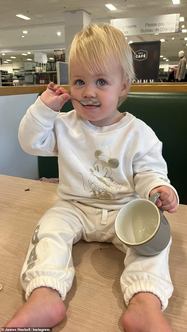Cute: In other photos, the toddler was sitting at the table, wearing an adorable Disney sweater and matching sweatpants