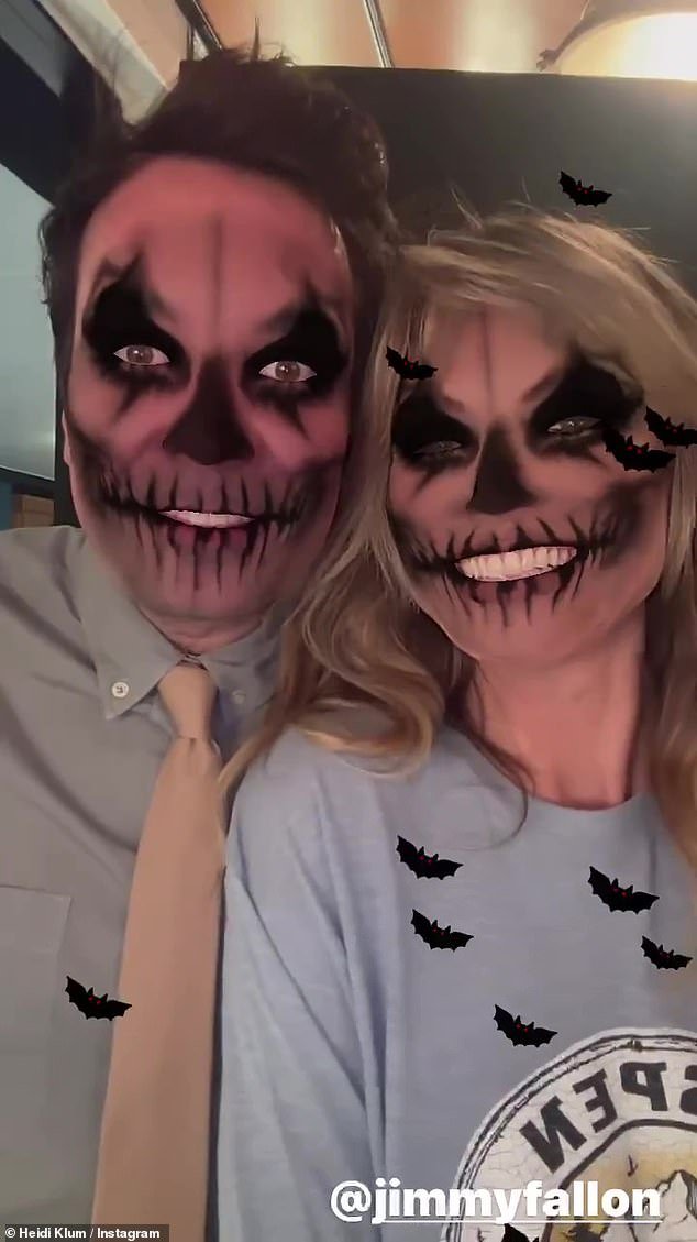 Host with the most: Fallon also joined in on all the behind-the-scenes fun, snuggling up next to his guest for a selfie video of her turning on that creepy Halloween app again