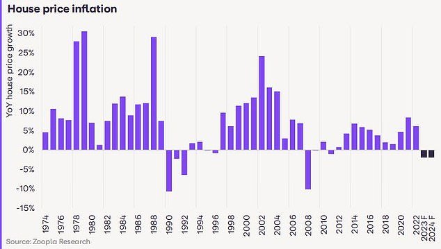 Negative territory: Zoopla says average house price inflation has fallen from 9.6% to -1.1% over the past year