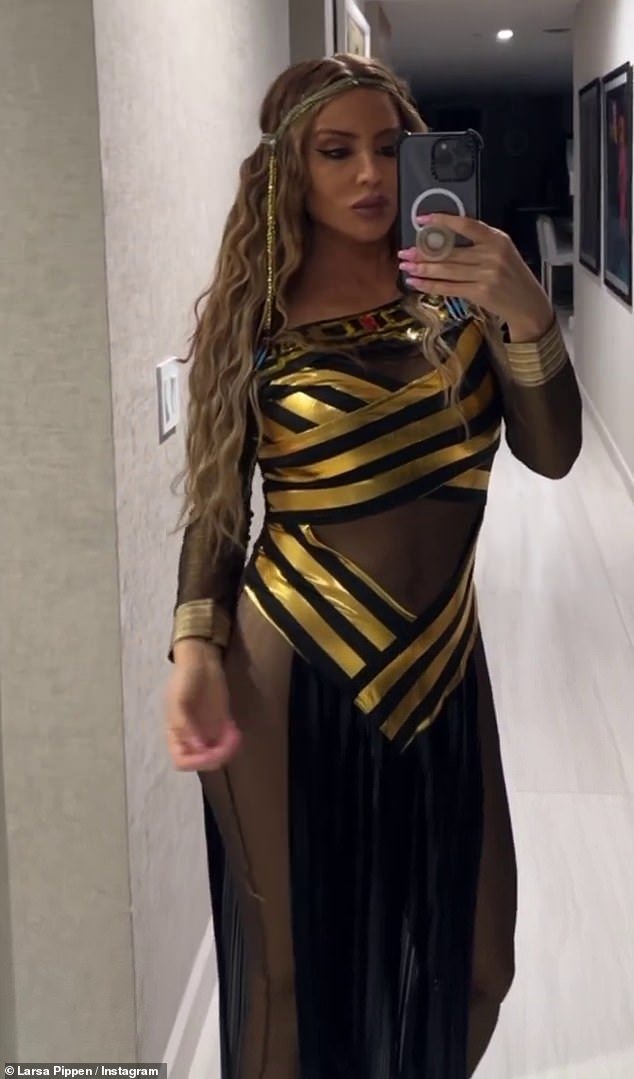 Cute look: Meanwhile, Larsa, 49, got into the spirit in a goddess-like outfit with sheer black material and gold stripe accents