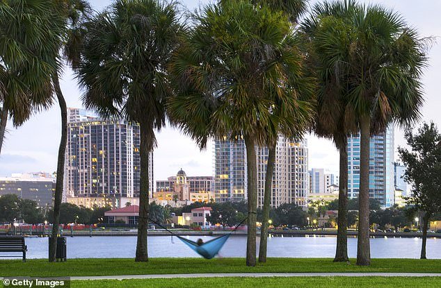 A tranquil scene of a resident in a hammock, looking at the growing skyline of St. Petersburg, Florida, one of America's fastest growing states