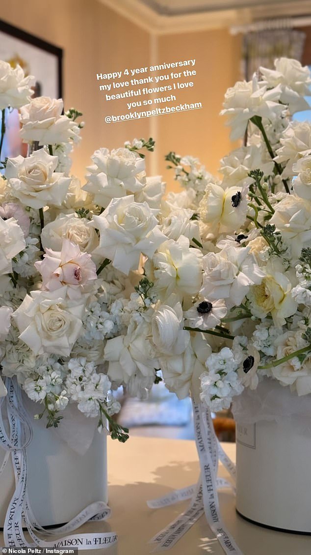 In love: The model later shared her gratitude on her Instagram stories, posting a photo of two white rose bouquets gifted by her husband