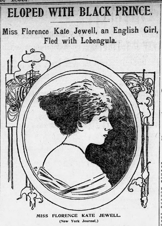 A New York Journal article describing how 'English Girl' Florence Jewell had 'eloped' with Lobengula