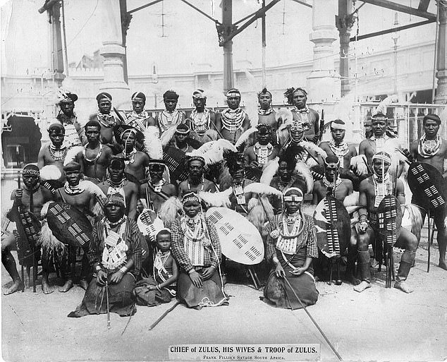 Lobengula was also the star of a show called 'Savage South Africa' which was set up to recreate the Matabele defeat.  Above: The artists pose for a group photo in England