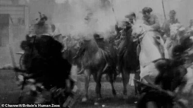 Filmed in 1899, African warriors were seen running past the European troop line, before fleeing under gunfire and a cavalry charge