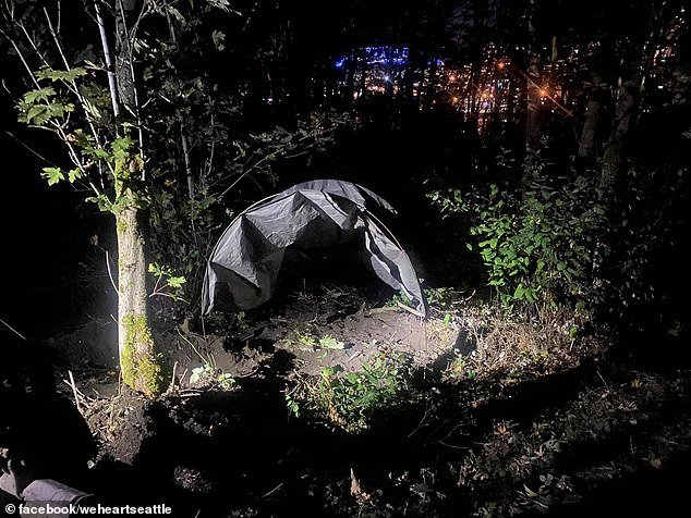 A tent was seen in the park where the man was trying to build his hut