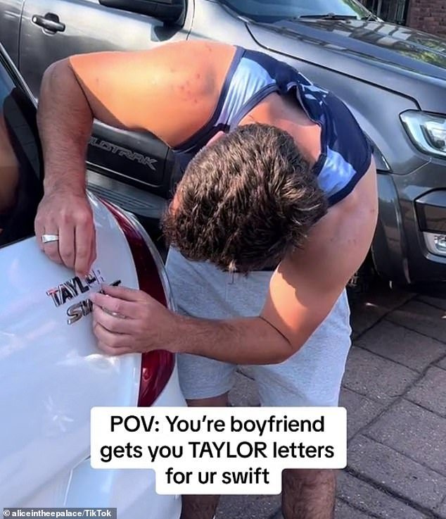 A video posted on TikTok revealed it was the fan's boyfriend who made the 'Taylor' badge Pictured: A scene from the TikTok video