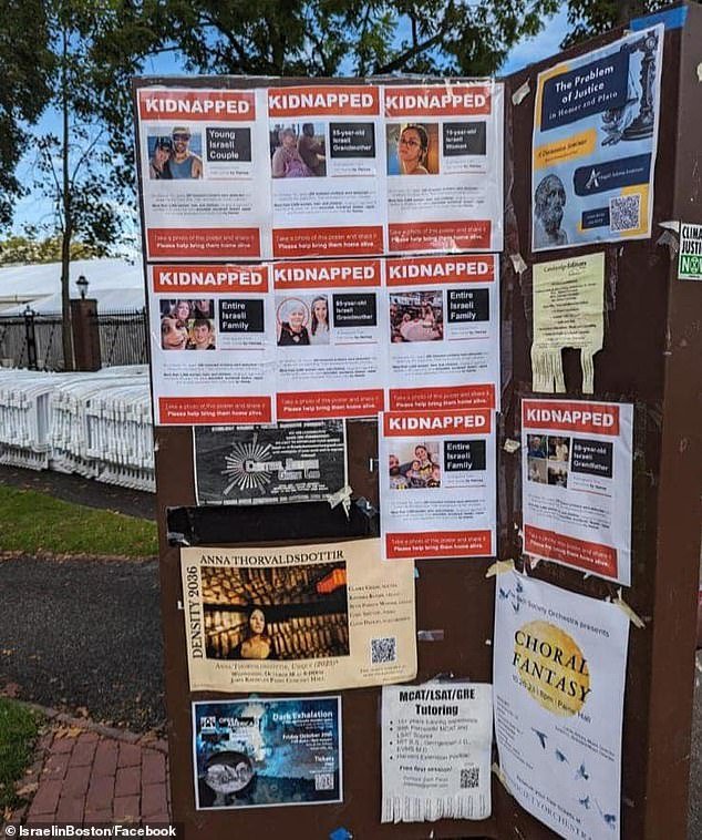 Posters of American and Israeli hostages kidnapped by Hamas plastered over Harvard#s with 'kidnapped' on top