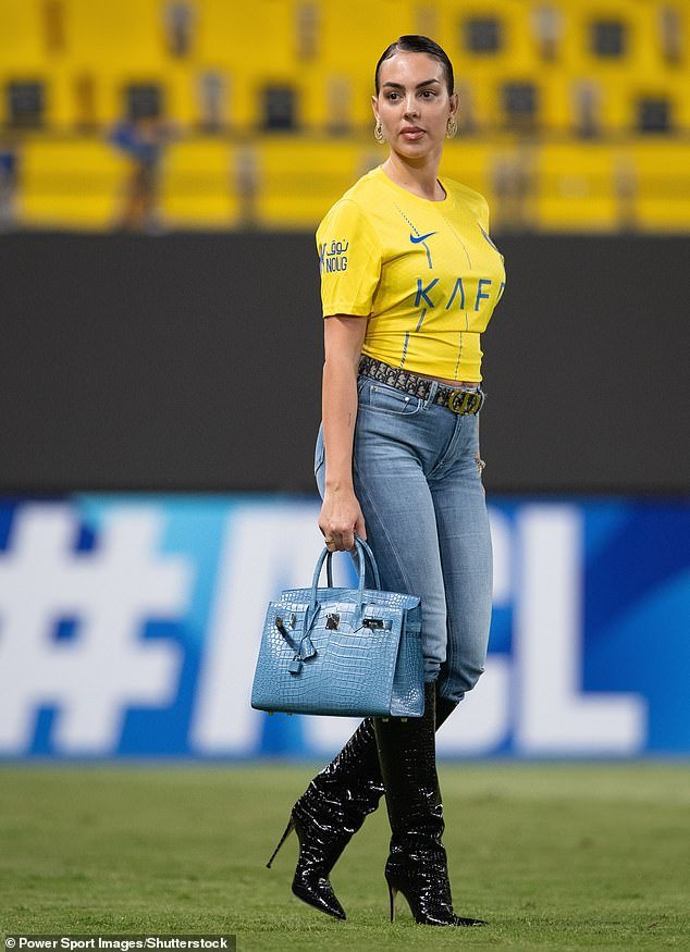 Wow: Georgina Rodriguez made sure all eyes were on her as she stepped onto the football pitch on Tuesday evening after supporting Cristiano Ronaldo's Al-Nassr FC team in Saudi Arabia