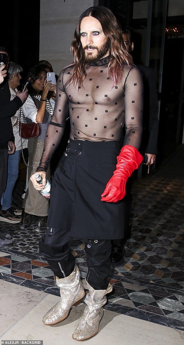 Bizarre: Jared Leto was photographed leaving a Paris hotel on Saturday night in a bizarre ensemble