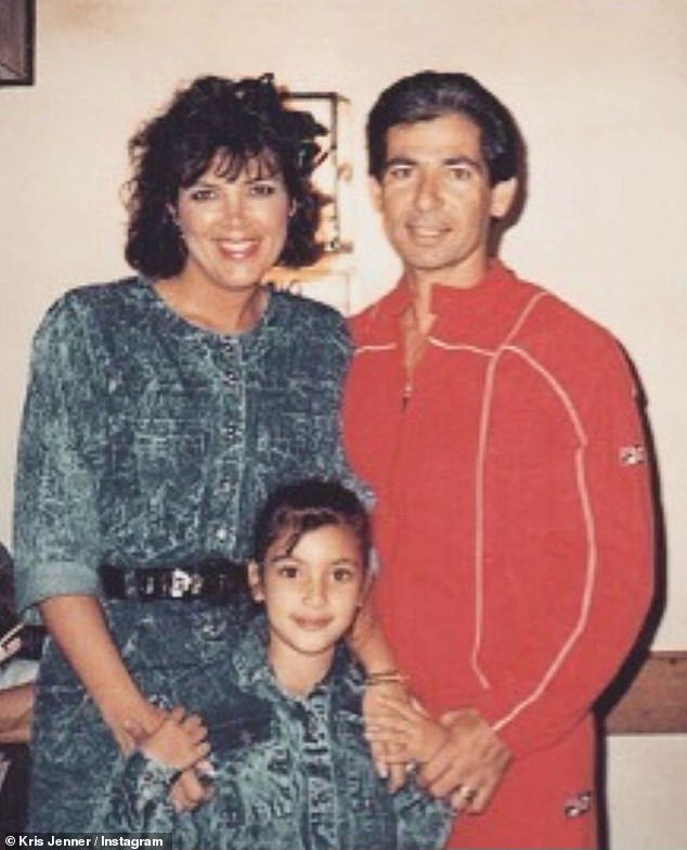 Family: One throwback photo shows Kim with Kris and her late father Robert Kardashian Sr. in the 1980s, with Kim and Kris wearing matching acid-washed denim outfits