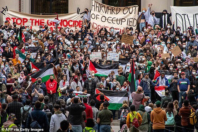 Palestinian supporters gathered at Harvard University to express their support in Gaza during a rally in Cambridge, Massachusetts, on October 14, 2023