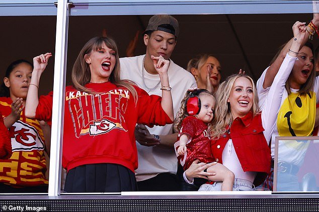 Taylor Swift and Brittany Mahomes, wife of Chiefs quarterback Patrick Mahomes, celebrated together at Arrowhead Stadium after Kansas City scored a touchdown