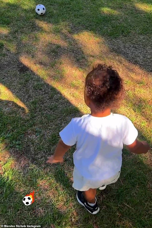 Clever: Maralee Nichols proudly posted an adorable snap of her son Theo showing off his soccer skills to her Instagram Stories on Saturday