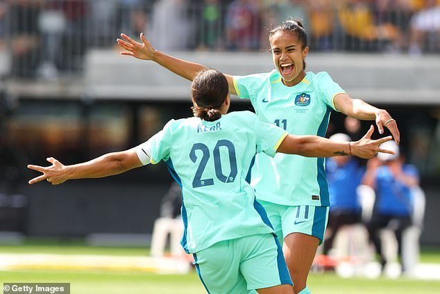 Fowler (pictured celebrating her goal against the Philippines with Sam Kerr) is certain to star in the Matildas' match against Taiwan on Wednesday night
