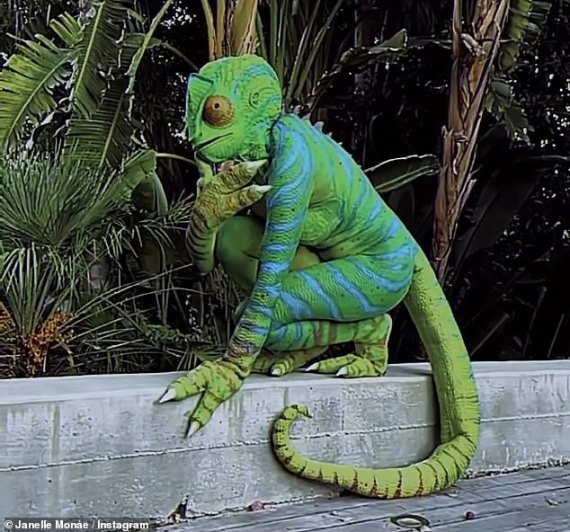 Attention to detail: Before the party, Janelle posed for some photos in her garden as a chameleon