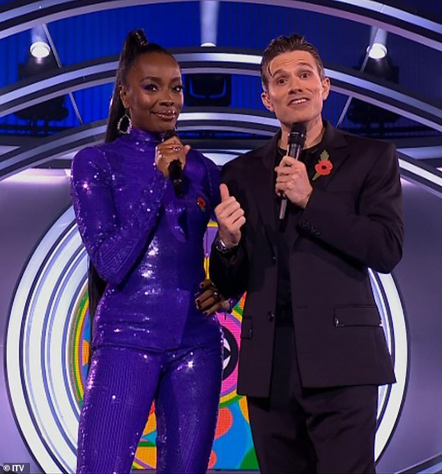Glamour: Host AJ Odudu looked sensational in a tight, sparkly jumpsuit (pictured with co-host Will Best)