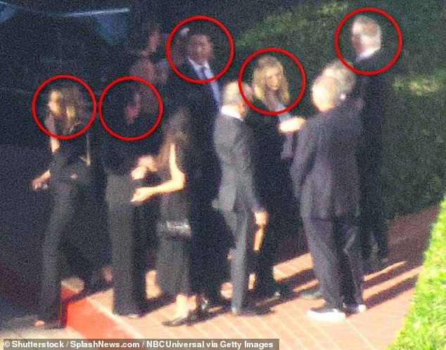 Jennifer Aniston (left), Courteney Cox (second from left), David Schwimmer (center), Lisa Kudrow (second from right) and Matt LeBlanc (far right) are seen at Matthew Perry's funeral on Friday