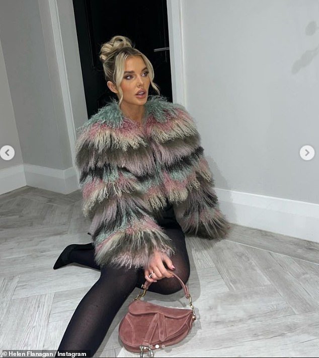 Strike a pose: Helen cut a glamorous figure on Instagram in a multicolored fluffy coat that she paired with a leggy black mini dress