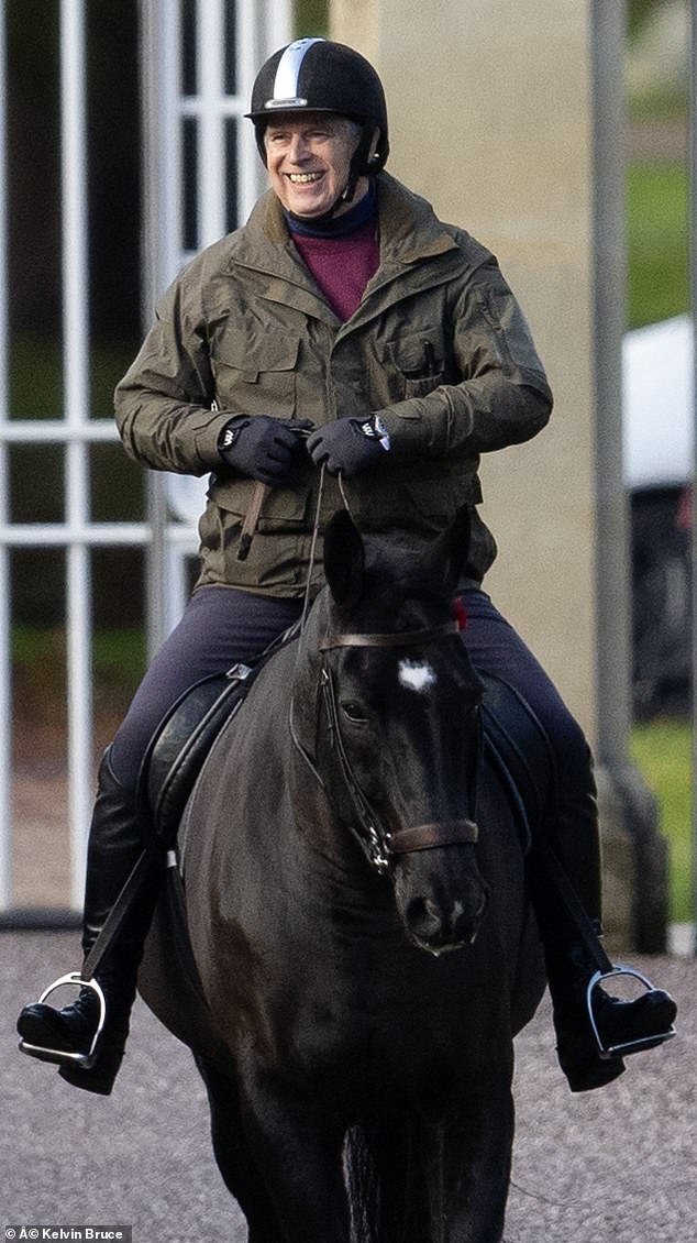 Andrew's horse had a poppy on its side (pictured) – a gesture often associated with the late Queen Elizabeth, who displayed the red flowers on her horses every year around Remembrance Day