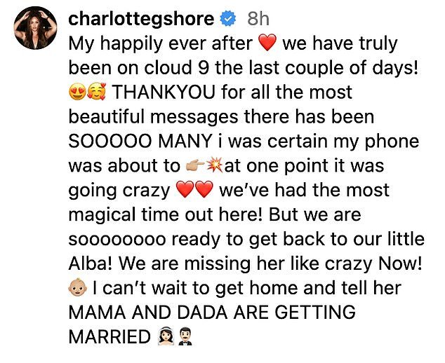 Meh!  Charlotte Crosby, 33, took to Instagram over the weekend, posting a photo of herself and Jake Ankers kissing in a rooftop pool and talking about his 'magical' proposal in Dubai
