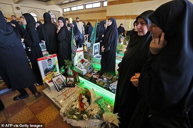 Relatives visit the graves of slain Hezbollah fighters at the Hawra Zeinab cemetery in Beirut's southern suburbs