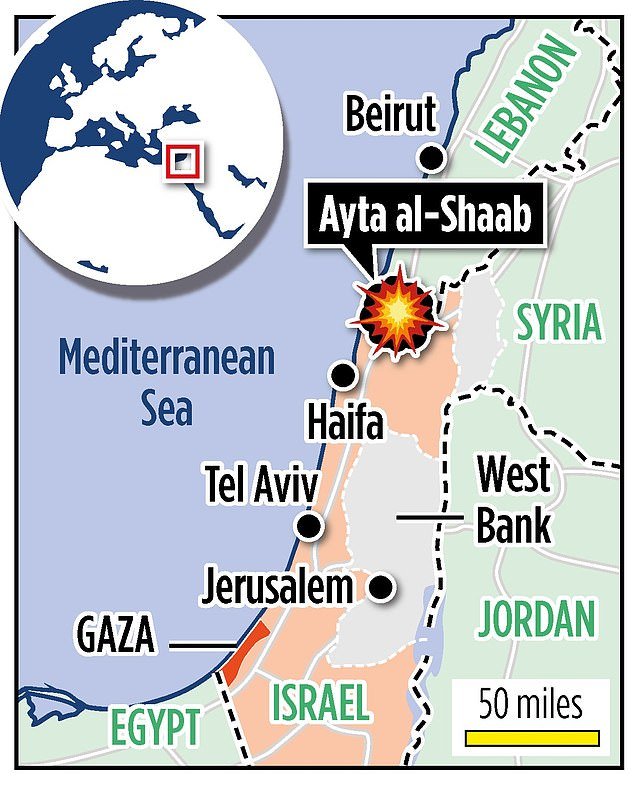 A map showing the conflict between Israeli forces and Hezbollah on Israel's northern border with Lebanon