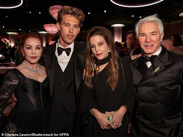 Tragic: Sadly, she went into cardiac arrest at her home in Calabasas on January 12, less than two days after the Globes;  Priscilla and Lisa Marie seen with Austin Butler and Baz Luhrmann on January 12