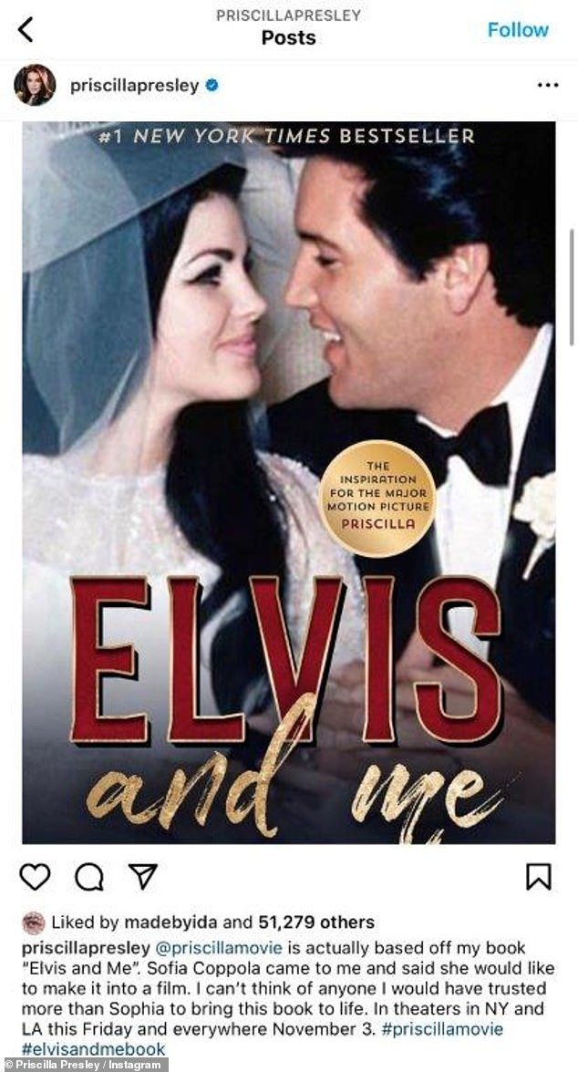 Priscilla Presley, who served as executive producer on the film, went into promo mode on Instagram, where she revealed that the biopic is based on her book Elvis And Me (1985).