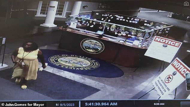 Video posted by John Gomes for Mayor shows Bridgeport city employee Wanda Geter-Pataky walking into the Margaret Morton Government Center where she worked