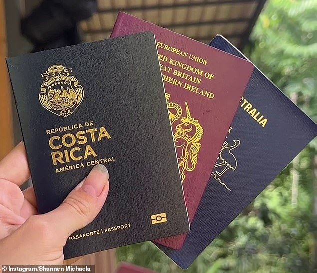 Michaela held up Costa Rican, British and Australian passports (pictured) and said: 'More and more people are leaving the West and looking for a Plan B