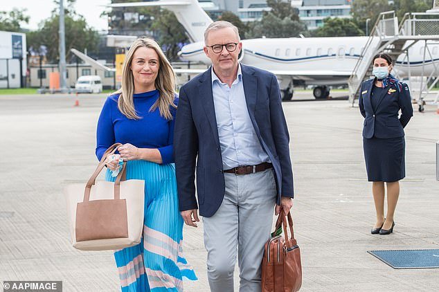 On a two-party preference basis, Labor leads the coalition 52 percent to 48 percent – ​​its weakest result since it won government in 2022 (pictured, Mr Albanese with partner Jodie Haydon)