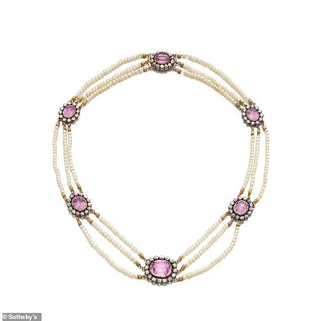 A three-strand seed pearl necklace set with pink topazes and diamonds.  Inherited by Queen Giovanna of Bulgaria from her grandmother, Queen Margherita of Savoy