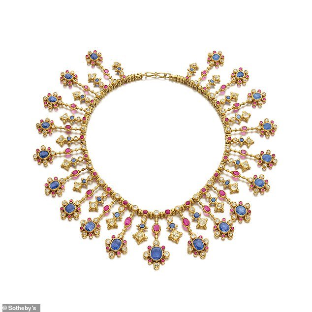 A gold fringed necklace set with diamonds, rubies and sapphires from Princess Maria Pia of Bourbon-Two Sicilies