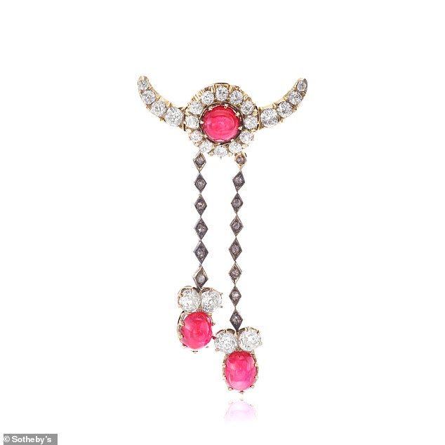 A Fabergé crescent moon brooch set with rubies and diamonds, inherited by Princess Eudoxie of Bulgaria from Empress Maria-Feodorovna of Russia