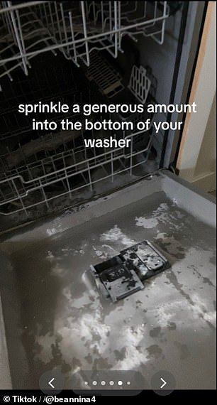 She sprinkled the baking soda across the bottom of her dishwasher