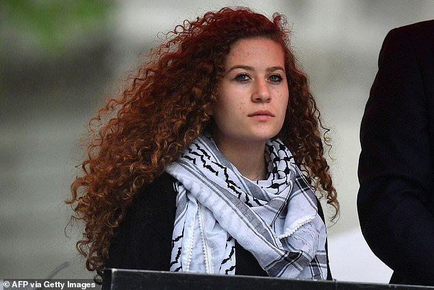 Palestinian activist Ahed Tamimi waits to speak at a rally calling for justice for Palestinians in central London on May 11, 2019