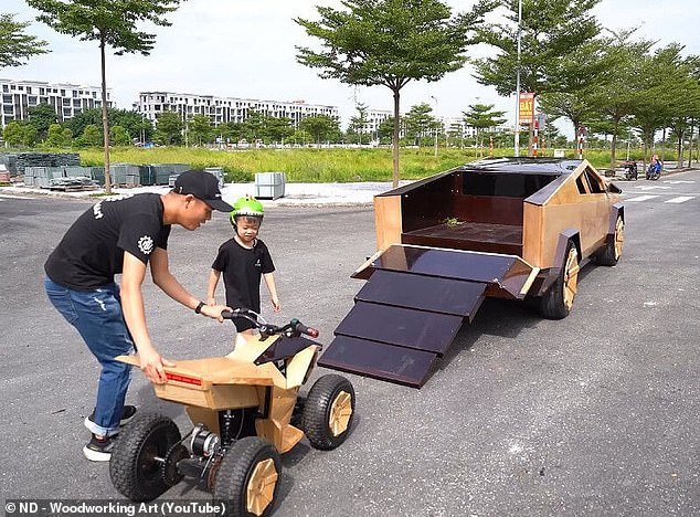 This wooden Cybertruck can deploy a replica of the Cyberquad that the creator's son rides alongside his father