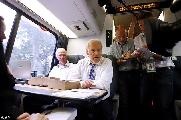 Biden traveled back and forth to Washington from Wilmington when he was a senator.  Here we see him talking to journalists in 2008, when he was a vice presidential candidate