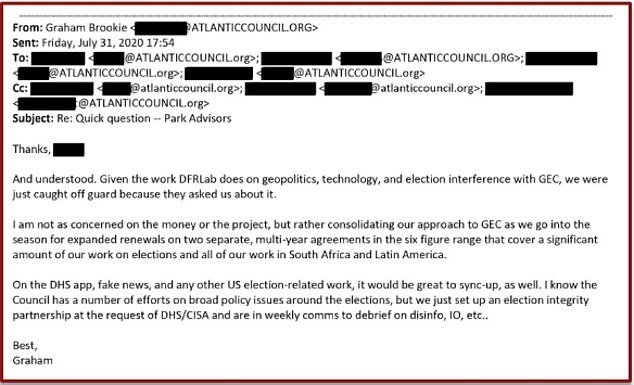An email from Graham Brookie, senior director of the Atlantic Council's Digital Forensic Research Lab, states that they created the EIP at the request of DHS/CISA