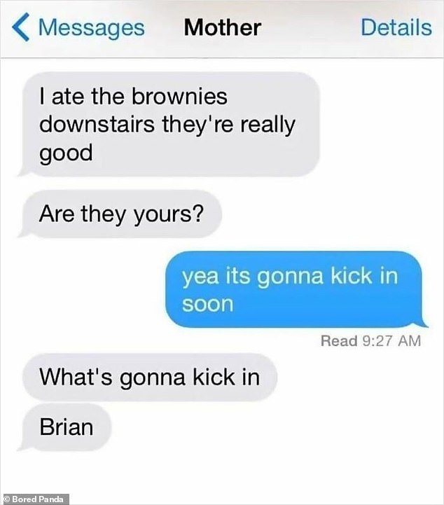 Brian is a very naughty boy!  His mother was in for quite a wild ride after eating his stash of brownies, which contained a lot more than just sugar, flour and eggs.