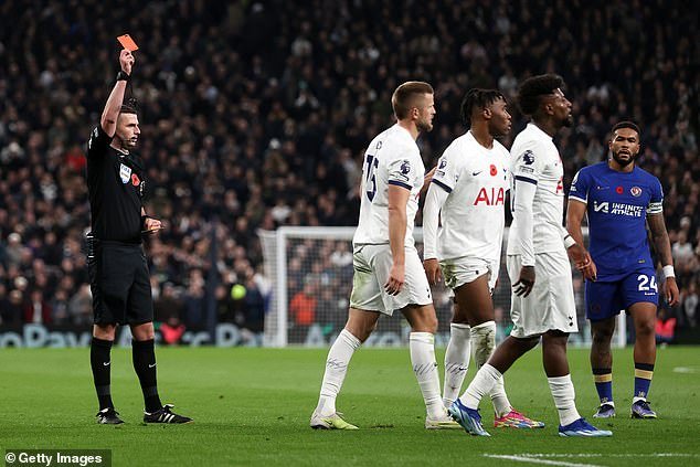 Destiny Udogie was the second Spurs player to be sent off after receiving two yellow cards