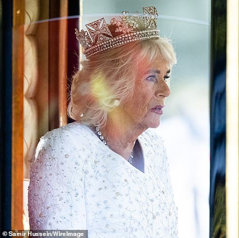 Camilla, wearing the famous George IV State Diadem for the first time, has chosen to reuse her coronation dress, designed by Bruce Oldfield, for her first state opening as Queen Consort