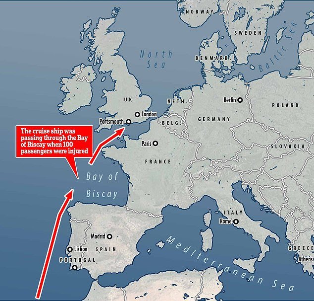 A map showing the planned route of The Spirit of Discovery.  The cruise ship was sailing through the Bay of Biscay when 100 passengers were injured