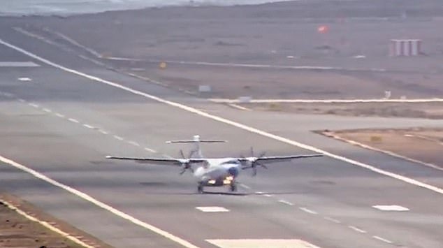 As the pilot brings it down for one last attempt, it bounces off the tarmac again, prompting the pilot to abort the landing and regain altitude in the air above the airport.