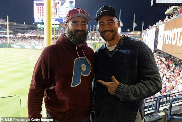 Jason Kelce (left) pictured with brother Travis at a recent MLB playoff game in Philly