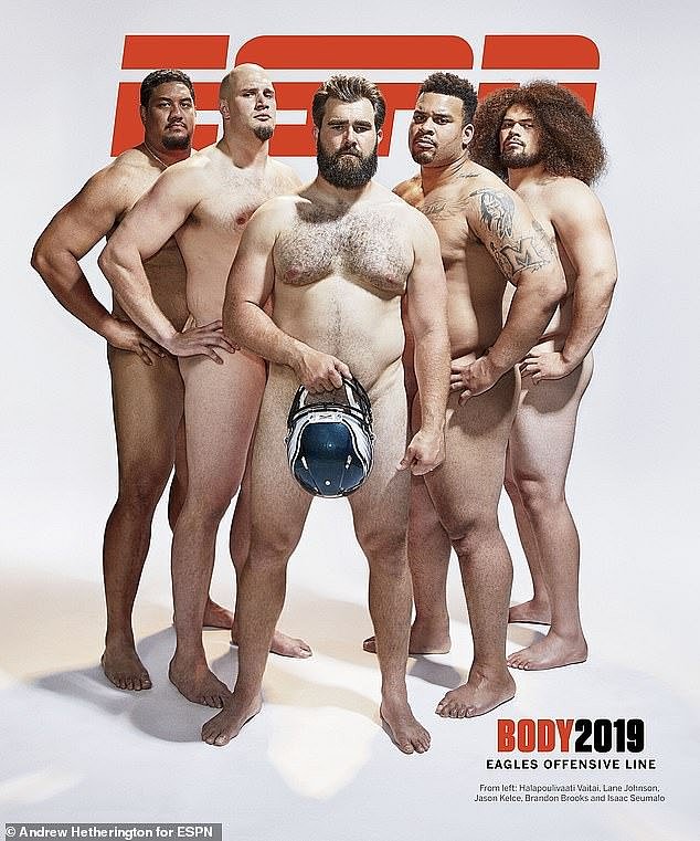 Previously, Kelce (center) appeared nude on the cover of ESPN's 'Body Issue' in 2019