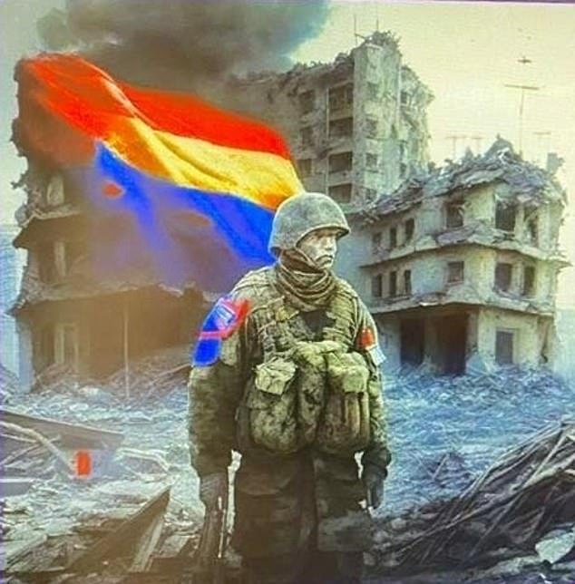 And after entering 'Donbass in Russia', the chatbot created an image of a Russian soldier in front of destroyed houses with a red, yellow and blue flag over it