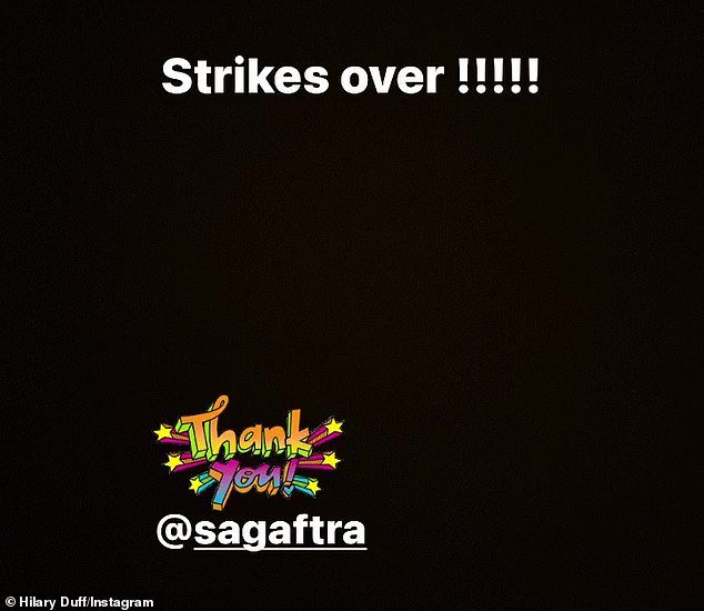 'The strike is over!  Thank you!'  Duff — who has 45.1 million followers on social media — celebrated the end of the SAG/AFTRA strike on Wednesday evening, which had halted most film and TV productions since July 14.