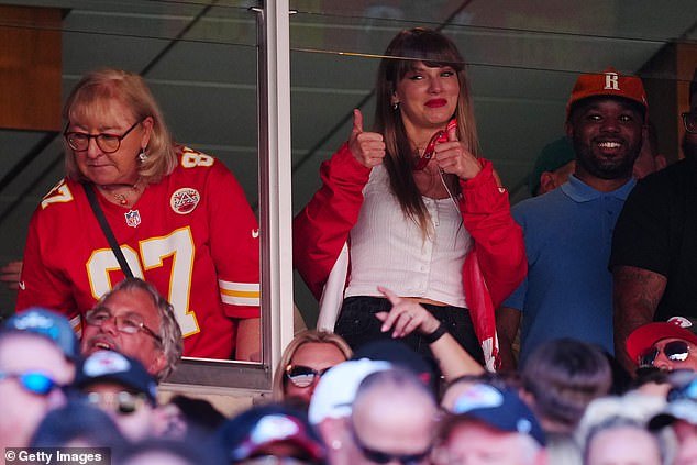 Swift, pictured next to the Kelce brother's mother Donna, was a regular at Chiefs games